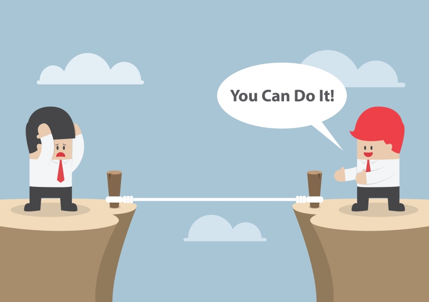Businessman motivate his friend to cross the cliff by saying "You Can Do It", VECTOR, EPS10